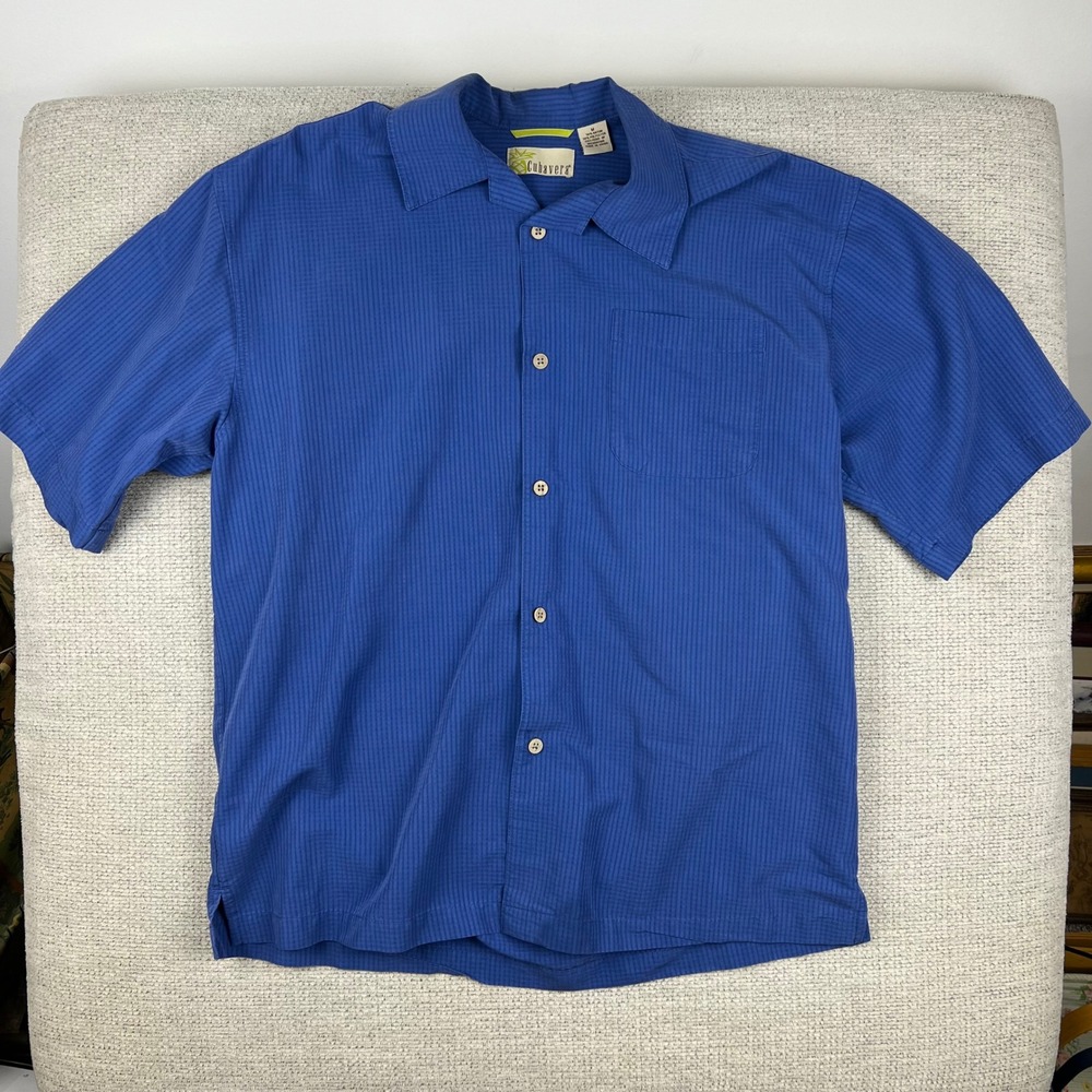 Cubavera Shirt Mens Medium Blue Short Sleeve Rayon Blend Textured Camp